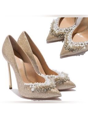 Casadei gold glitter stiletto blade high heel pumps 10 pearl beads rhinestones